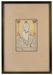 A French Art Deco framed fashion print; together with a French coloured lithograph of Notre Dame, (2 items), the larger 43 x 30cm overall.