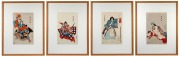 Four framed Japanese woodblock prints, 37 x 24cm each, 63 x 50cm each overall.