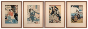 275 · Four antique Japanese woodblock prints, Edo Period, 19th century, 36 x 24cm each, 53 x 40cm each overall.