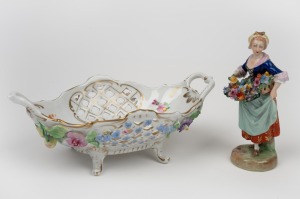 DRESDEN vintage German porcelain statue and pierced bowl, both with applied floral decoration, 20th century, (2 items), factory marks to base, ​​​​​​​the statue 15cm high.
