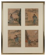 Four Chinese paintings on silk, framed as one, ​​​​​​​66 x 54cm overall.