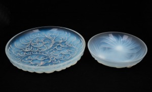 Two French Art Deco opalescent glass bowls, circa 1930, ​​​​​​​the smaller example stamped "ETLING", 30.5cm and 22cm diameter.