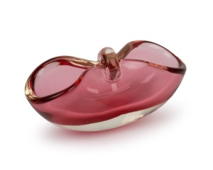 A Murano ruby glass basket vase, mid 20th century, ​​​​​​​11cm high, 20cm wide.