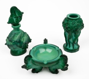 Bohemian Art Deco malachite glass vase with figural decoration; together with an ashtray and scent bottle, mid 20th century, (3 items), the largest 18cm high.