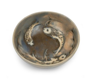 MOORCROFT "Fish" rare salt glazed pottery bowl, impressed factory mark to base, ​​​​​​​4cm high, 8.5cm diameter.