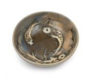 MOORCROFT "Fish" rare salt glazed pottery bowl, impressed factory mark to base, ​​​​​​​4cm high, 8.5cm diameter.