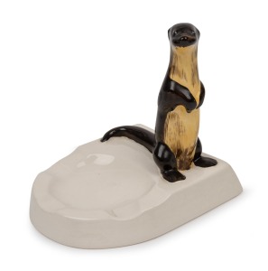 "OTTER" vintage English porcelain ashtray, stamped "Otter, Reg'd. Thermostats. Buxton, England, Mr. Gerard Kay.... From The Directors", ​​​​​​​14cm high.
