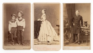 CARTES-DE-VISITE: Circa 1860s group comprising Edward VII as a young man (Mayall, London), his sister the Princess Louise (Disderi & Co., London), and his two sons Prince Albert Victor and Prince George (later King George V). (3 items)