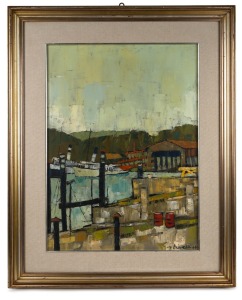ARTIST UNKNOWN. (French harbour scene), oil on board, signed lower right (illegible), 60 x 43cm, 83 x 66cm overall.