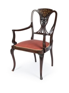 An antique English mahogany salon armchair, inlaid with boxwood and ivory, 19th/20th century 57cm across the arms.