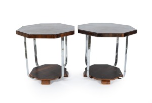 A pair of Art Deco chrome and walnut veneer octagonal occasional tables, by FECLA FURNITURE of Melbourne, mid 20th century, ​​​​​​​57cm high, 60cm wide.