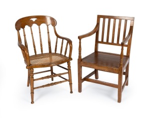 An antique English elm carver chair, together with an antique oak armchair, 19th/20th century, (2 items)