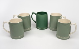 KEITH MURRAY group of five assorted green WEDGWOOD tankards, 12.5cm high.