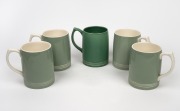 KEITH MURRAY group of five assorted green WEDGWOOD tankards, ​​​​​​​12.5cm high.
