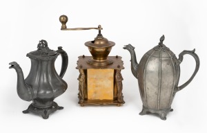 Two antique pewter coffee pots, together with a brass coffee grinder, 19th/20th century, (3 items), the largest 30cm high.