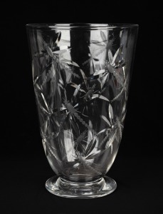 ROYAL BRIERLEY English crystal vase with engraved dragonfly decoration, designed by DEANNE MEANLEY, 28cm high.