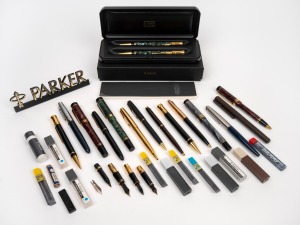Assorted fountain pens, ballpoint pens, pencils and accessories, mostly PARKER, (qty).