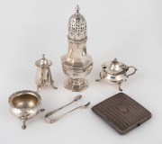 Sterling silver cigarette case, sugar castor, sugar tongs and condiments, 19th and 20th century, (6 items), the largest 19cm high, 450 grams total.