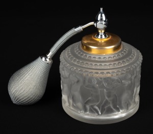 LALIQUE French opaque glass perfume atomiser, engraved "Lalique, France", 12cm high.