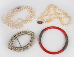 406 · A coral and silver bangle, costume brooch, and two pearl necklaces, (4 items).