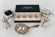 Sterling silver condiments, spoons, Christofle crystal condiments with sterling silver tops, and a Dutch silver tea strainer, 20th century, (qty), 206 grams total (not including glass components).
