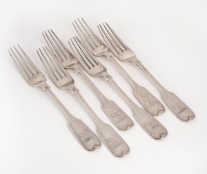 15 · A set of six antique sterling silver forks, made in London, circa 1891, 18cm long, 320 grams total.