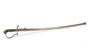 A Dutch army officer's "wandelsabel" parade sword (M1912), with brass guard and lion mask pommel in original steel scabbard, the blade engraved "Yzerhouwer", 104cm long.