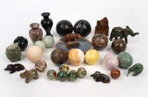 Assorted carved stone animal ornaments, stone eggs, stone spheres and urns, 20th century, (qty).