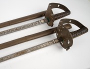 Two Burmese military parade swords in brass scabbards with engraved blades, mid 20th century, ​​​​​​​93cm long. - 3