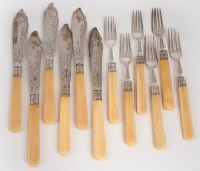 Antique English fish knives and forks with solid sterling blades and collars on ivory handles, 19th century, (12 items), 480 grams total including ivory handles.