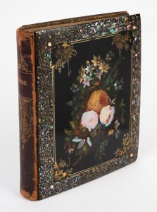 An antique scrapbook displaying numerous lithographs and drawings, many with captions, housed in an attractive papier-m&acirc;ch&eacute; and mother of pearl album, 19th century.