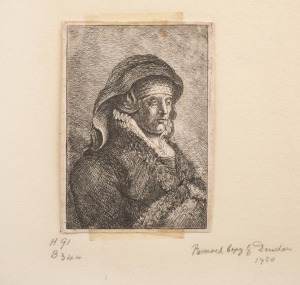 REMBRANDT HARMENSZOON VAN RIJN (1606-1609), Mother In Widow Dress, drypoint etching, restrike, mid 18th century, sheet size 8.5 x 6.5cm (hinged on card).