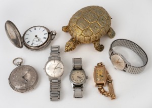 424 · OMEGA "SEAMASTER" vintage wristwatch in stainless steel case, TISSOT "SEASTAR" wristwatch, CYMA gold plated Art Deco wristwatch, vintage wristwatch, two antique silver pocket watches and a novelty turtle clock, (7 items).