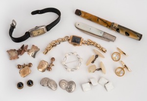 432 · UNICORN wristwatch in 9ct gold case, together with a DUNKLINGS vintage cocktail wristwatch in steel case, an antique sterling silver and mother of pearl penknife, a vintage fountain pen with gold nib, an assorted cufflinks, (qty)