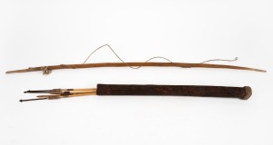 A tribal bow, quiver and three arrows, Khoisan People (San Bushmen), Botswana, West Africa, the bow 97cm long.