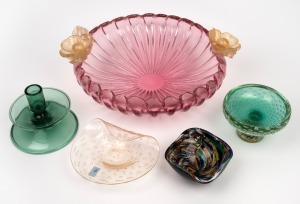 Five pieces of Murano glass, comprising of a tutti frutti bowl, a Barovier & Toso bowl, a bowl with gold foil inclusions, a green glass candlestick and an impressive Barovier & Toso fuit bowl with applied floral decorations (loss to one leaf), 20th centur