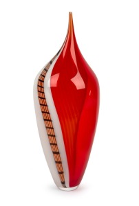 FORMIA Murano red and white art glass vase with window of netted decoration, engraved signature to base "Formia, Murano, 2000", 56cm high.