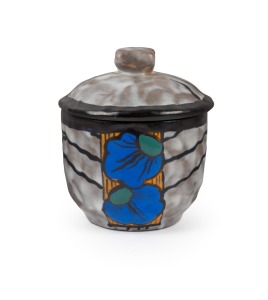 LOUIS DAGE French Art Deco pottery lidded bowl with blue floral decoration, signed "L. Dage, France", 10.5cm high.