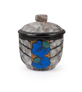 LOUIS DAGE French Art Deco pottery lidded bowl with blue floral decoration, signed "L. Dage, France", 10.5cm high.