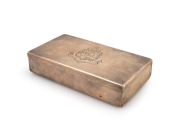 A lovely quality antique sterling silver box with double fold-out hinge, engraved with the Irvine family crest, bearing the motto "SUB SOLE SUB UMBRA VIRENS" (flourishing both in sunshine and in shade), made in London, circa 1881, 15cm wide, 300 grams.
