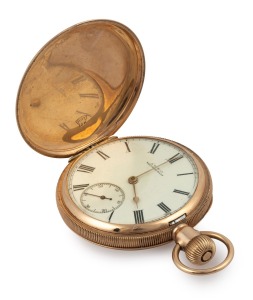 417 · WALTHAM 10ct gold cased full hunter pocket watch with crown wind movement, 19th/20th century, 7cm high including bow, 88 grams total including movement.