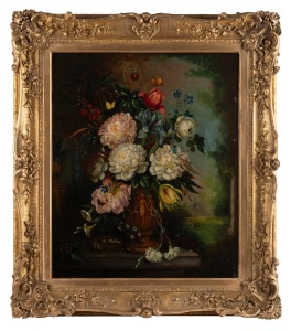 ARTIST UNKNOWN, (Dutch school floral still life), oil on wood panel, ​​​​​​​62 x 51cm, 82 x 72cm overall.