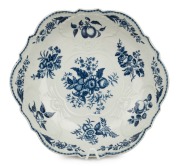DR. WALL WORCESTER first period fine quality antique English porcelain junket bowl, circa 1760, blue crescent moon mark to base, and bearing collectors label "ROBERT BURKE", ​​​​​​​7cm high, 26cm wide.