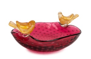 A Murano glass bowl with bubble decoration and applied birds with gold foil inclusions, circa 1950s, ​​​​​​​9.5cm high, 26cm wide.