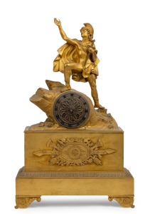 437 · An antique French figural ormolu mantle clock with eight day time and bell striking movement by PONS, ornate silvered dial and Roman numerals, 19th century, ​​​​​​​51cm high.
