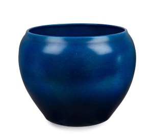 496 · ROYAL LANCASTRIAN monumental blue glazed porcelain jardiniere, early 20th century, impressed factory mark to base "Royal Lancastrian, England", 38cm high, 48cm diameter.
