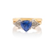 A 14ct gold ring, set with a 1.73ct natural corundum blue sapphire flanked by white diamonds, ​​​​​​​5.7 grams total.