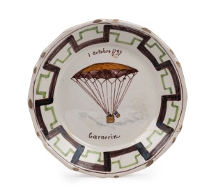 "GARNERIN - 1 OCTOBER 1797" Antique French tin glazed earthen ware commemorative plate, A/F, 23cm wide.