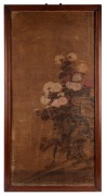 An antique Chinese painting, hand-painted on silk with double red seal mark and poem upper right, 19th/20th century, appears to be laid down on later plywood and housed in rosewood frame, 122 x 63cm overall.