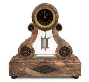 An antique French marble cased drumhead mantle clock, inlaid with Belgian black slate, eight day time and bell striking movement with outside count wheel by JAPY FRERES, with exposed faux mercury pendulum and black dial with Roman numerals, 19th century, 45cm high.